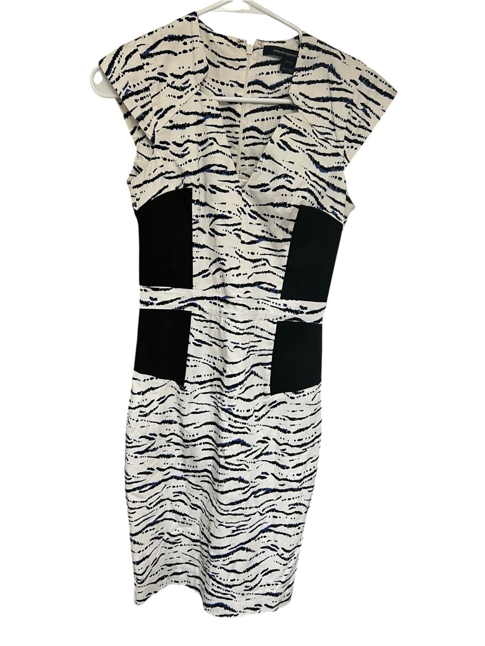 French Connection White & Black Patterned Midi Sheath Dress